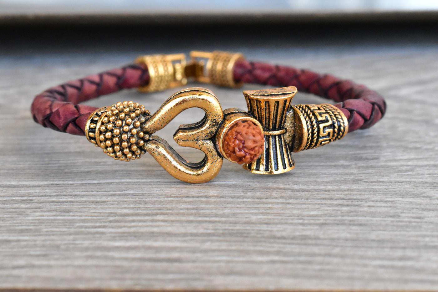 Om Rudraksha Bracelet, Rustic Leather Rudraksha Bracelet For Men (Harmony and Prosperity )