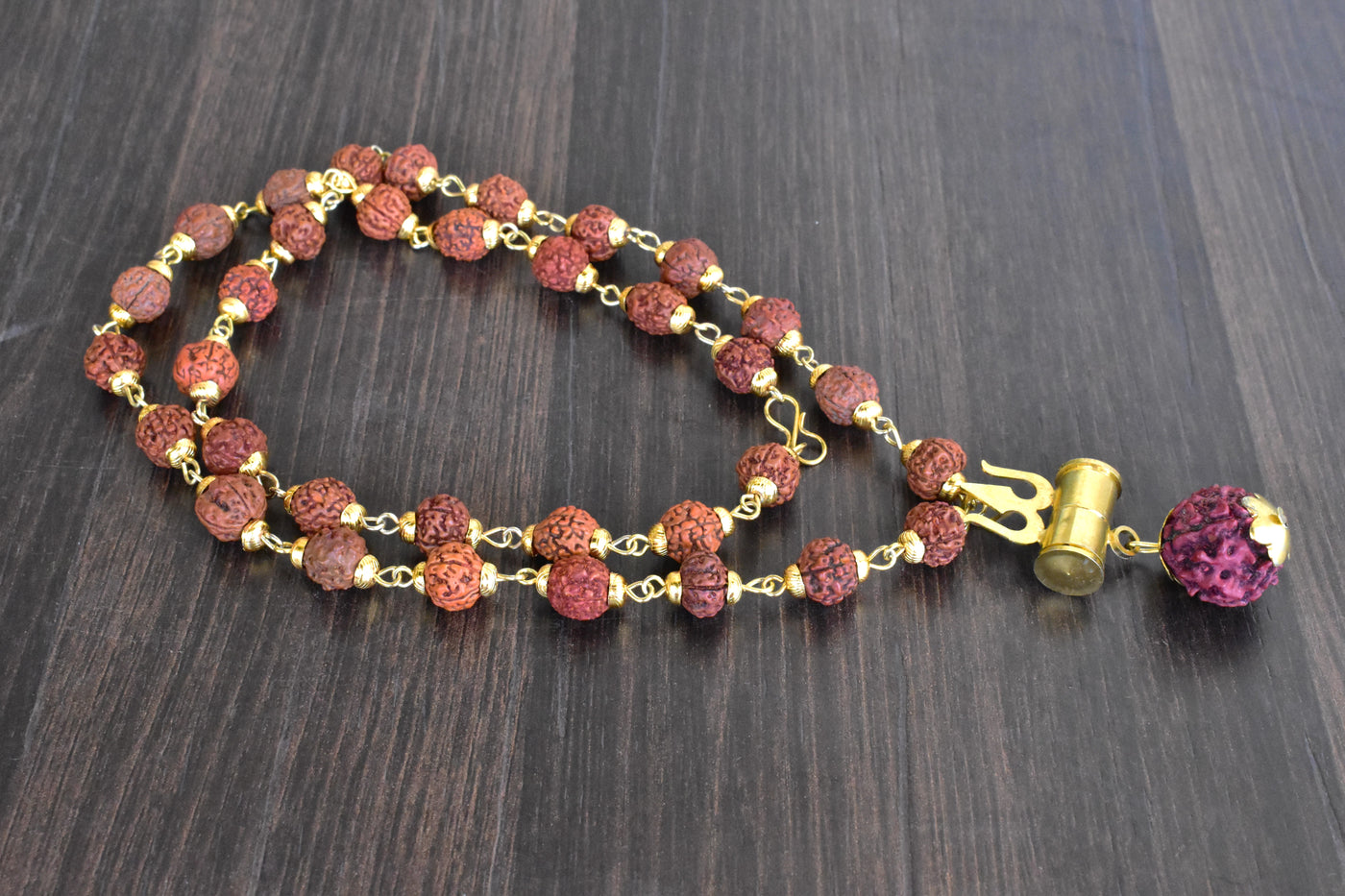 Gold Plated Rudraksha Trishool Necklace, Rudraksha Mala (Harmony and Spiritual Connection)