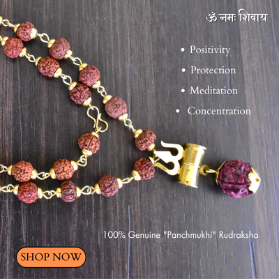 Gold Plated Rudraksha Trishool Necklace, Rudraksha Mala (Harmony and Spiritual Connection)