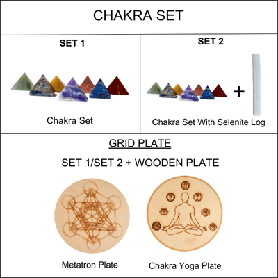Chakra Crystals Set, 7 Chakra Pyramids Set,  Wooden Grid Plate, Selenite Log