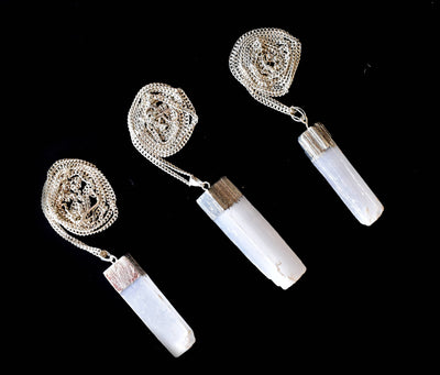 Selenite Rough Stone Pendants, Natural Electroplated Silver Crystals with Chain