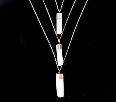 Selenite Rough Stone Pendants, Natural Electroplated Silver Crystals with Chain