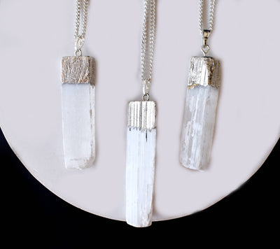 Selenite Rough Stone Pendants, Natural Electroplated Silver Crystals with Chain