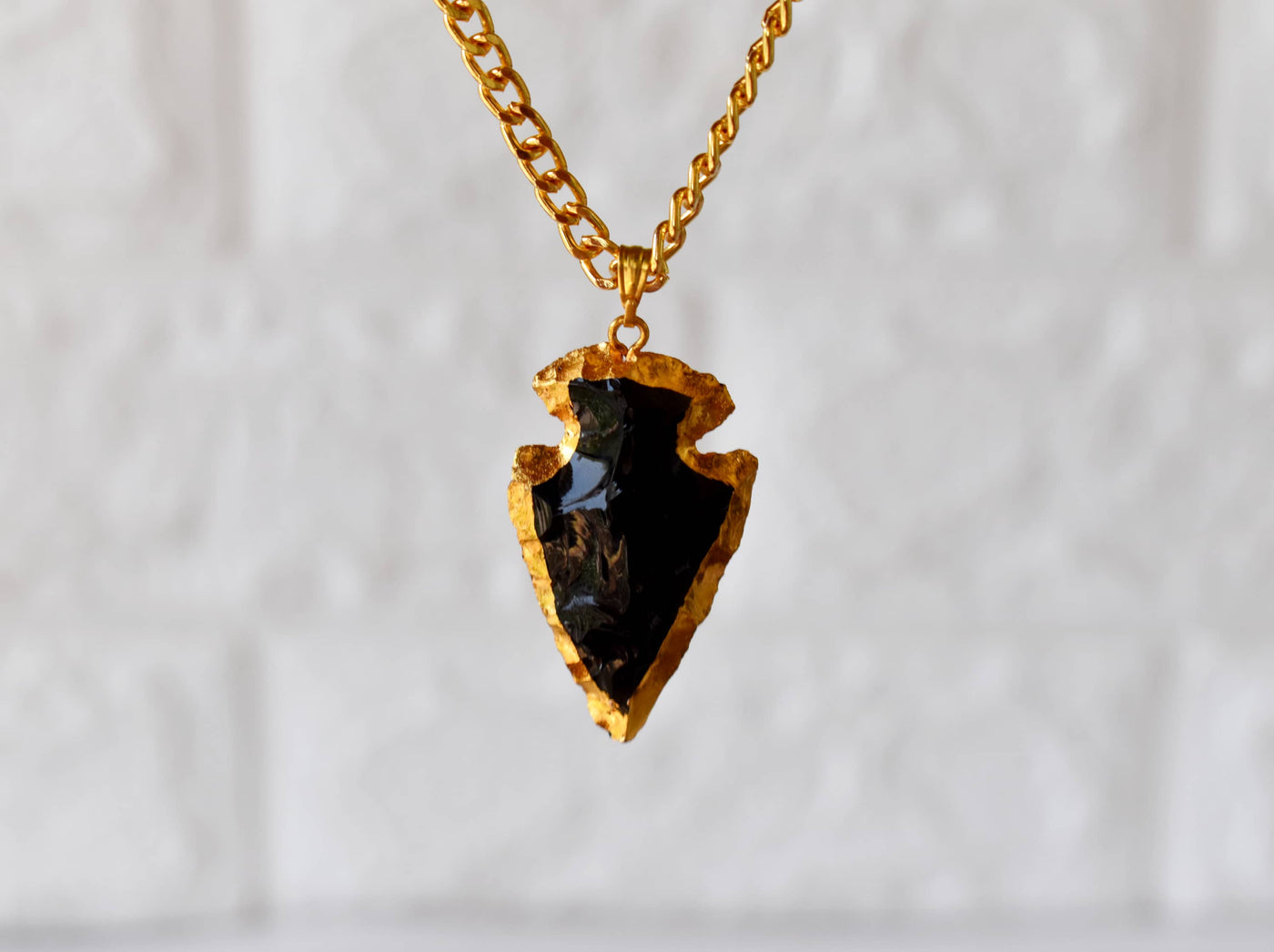 Black Obsidian Arrowhead Pendant ~ Electroplated Gold Crystals Pendants with Chain