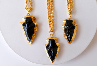 Black Obsidian Arrowhead Pendant ~ Electroplated Gold Crystals Pendants with Chain