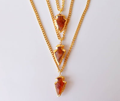 Carnelian Arrowhead Pendant, Electroplated Gold Crystals Pendants with Chain