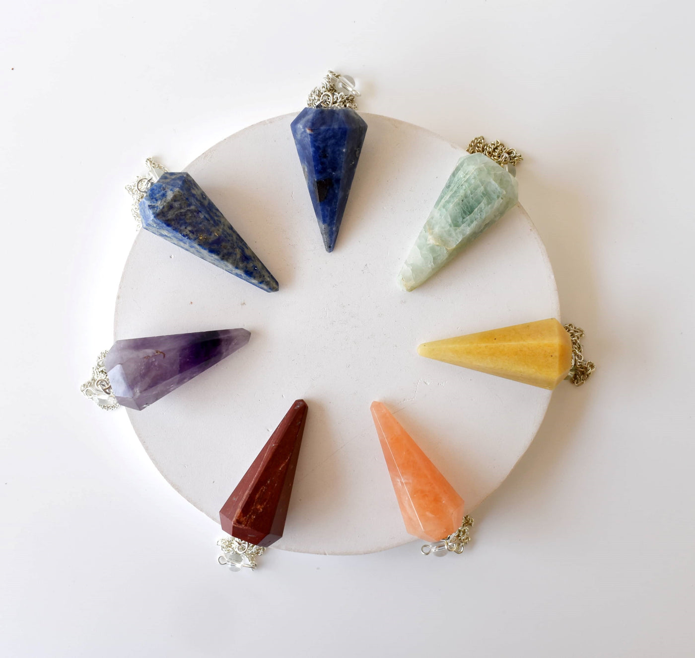 Chakra Crystals Pendulum Set, 7 Chakra Stones Pendulum with Wooden Grid Plate, Selenite Log