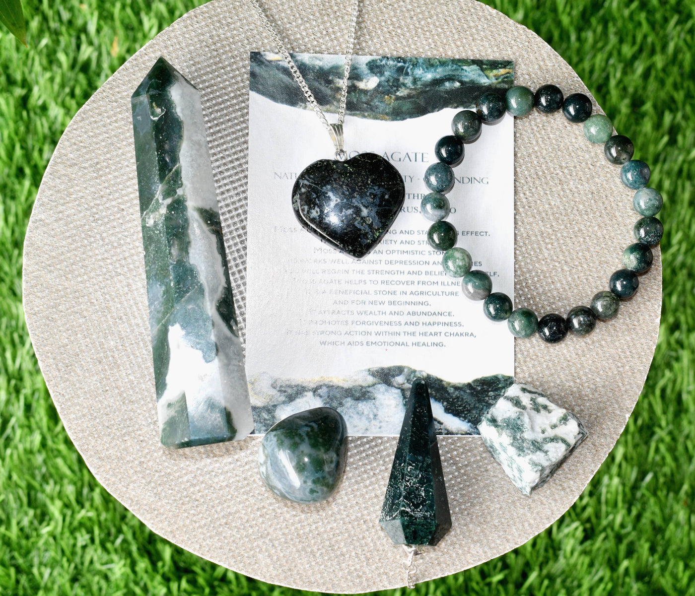 Moss Agate Crystal Gift Set For Emotional Support and Protection, Real Polished Gemstones.