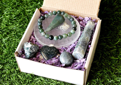 Moss Agate Crystal Gift Set For Emotional Support and Protection, Real Polished Gemstones.