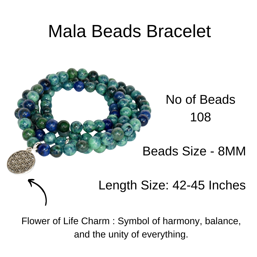 Azurite Malachite Beads Mala Bracelet, 108 Prayer Beads Necklace (Trauma and Calming)